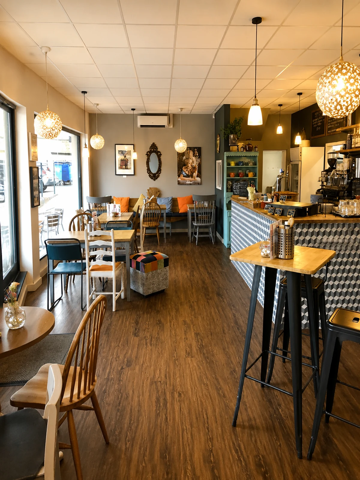 The bright dining room and counter at Number 7 Kitchen