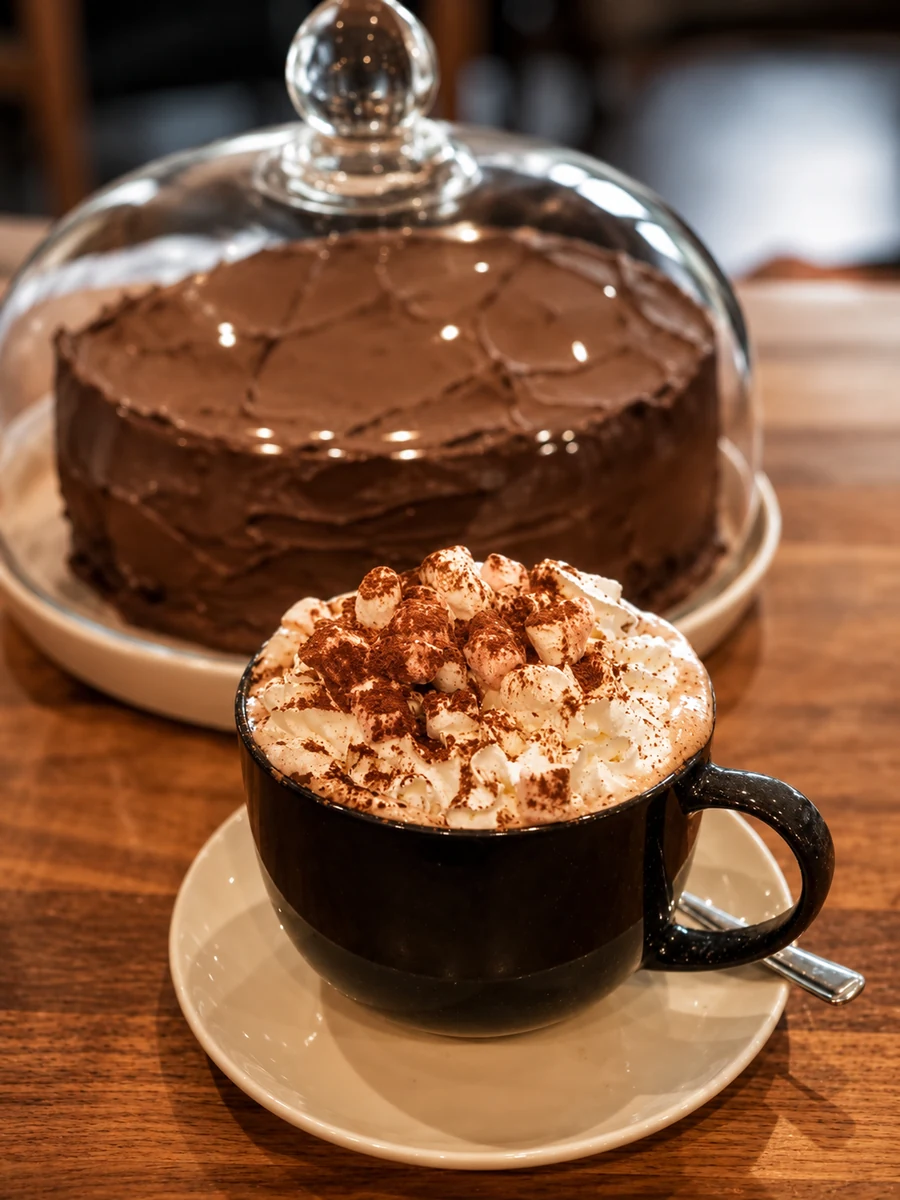 A cream-topped hot drink served beside chocolate cake
