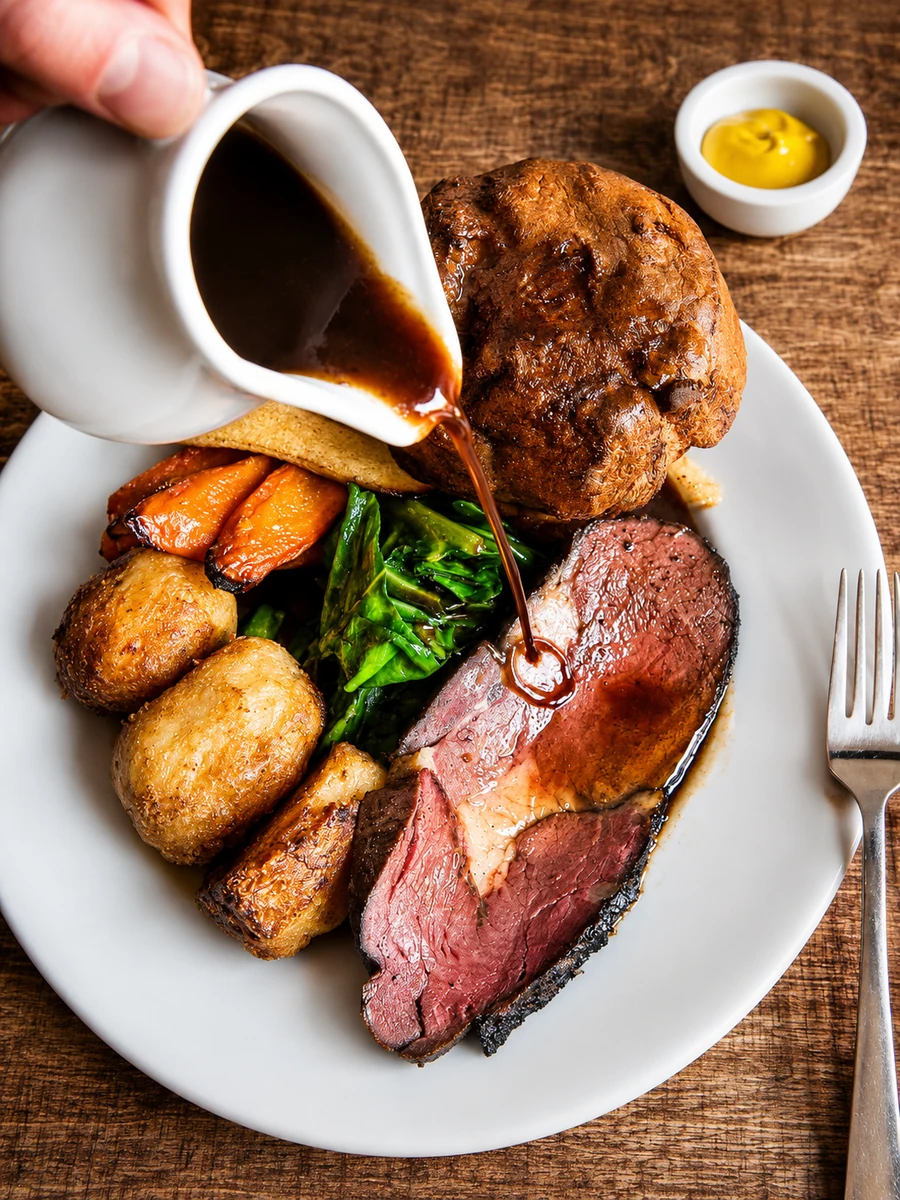 Roast beef, potatoes and greens as gravy is poured