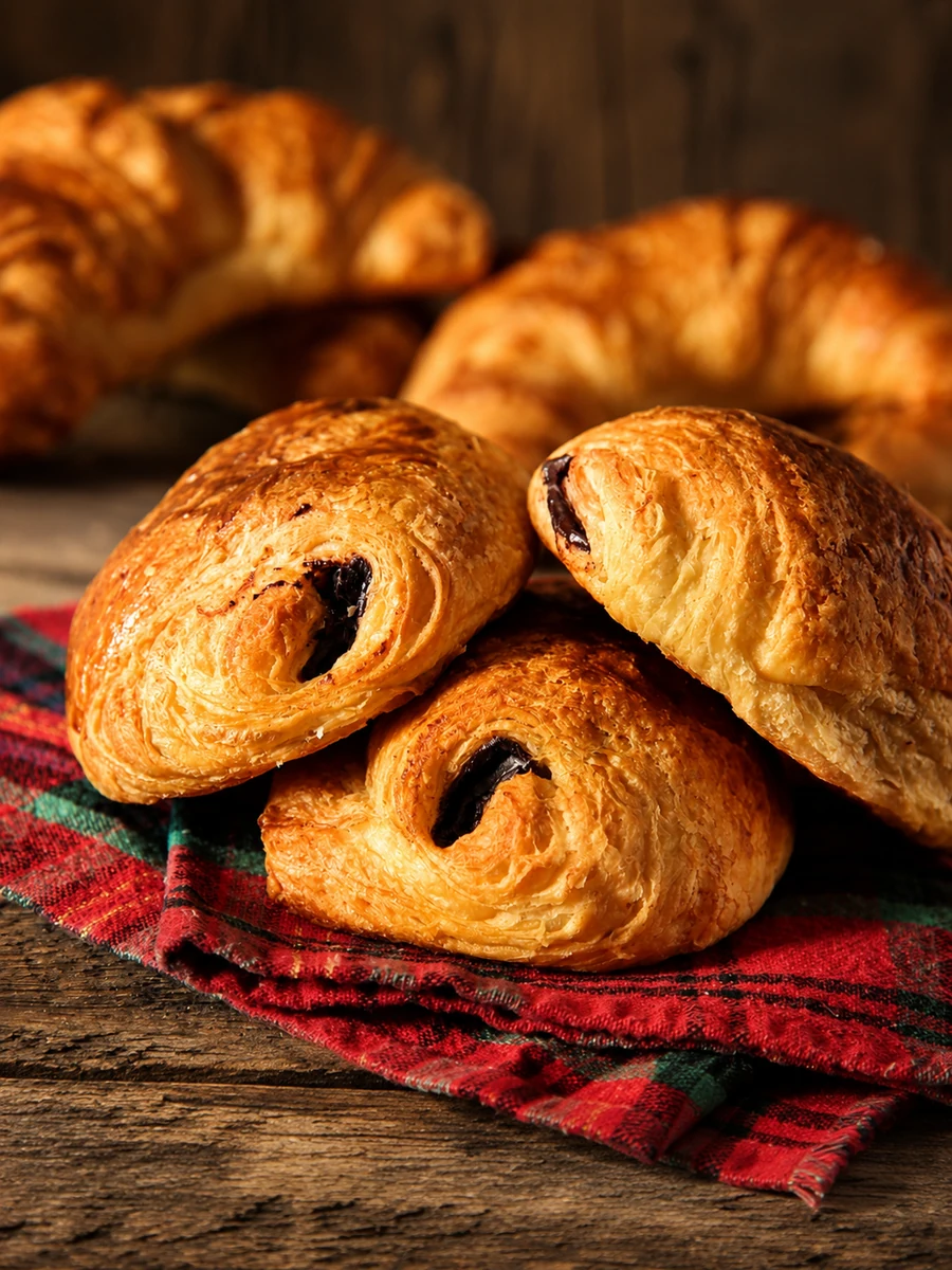 Fresh chocolate pastries displayed on a checked cloth