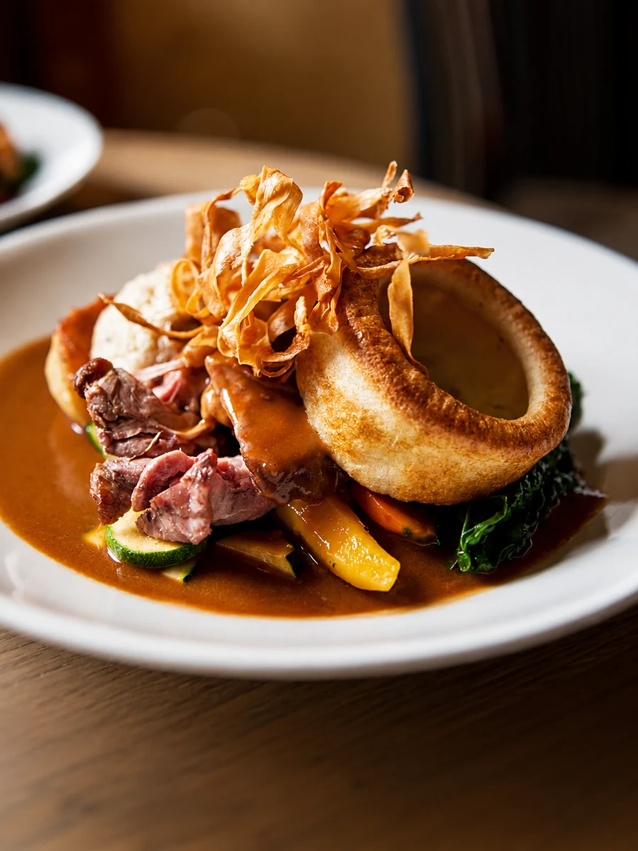 Roast beef with Yorkshire pudding, vegetables and gravy
