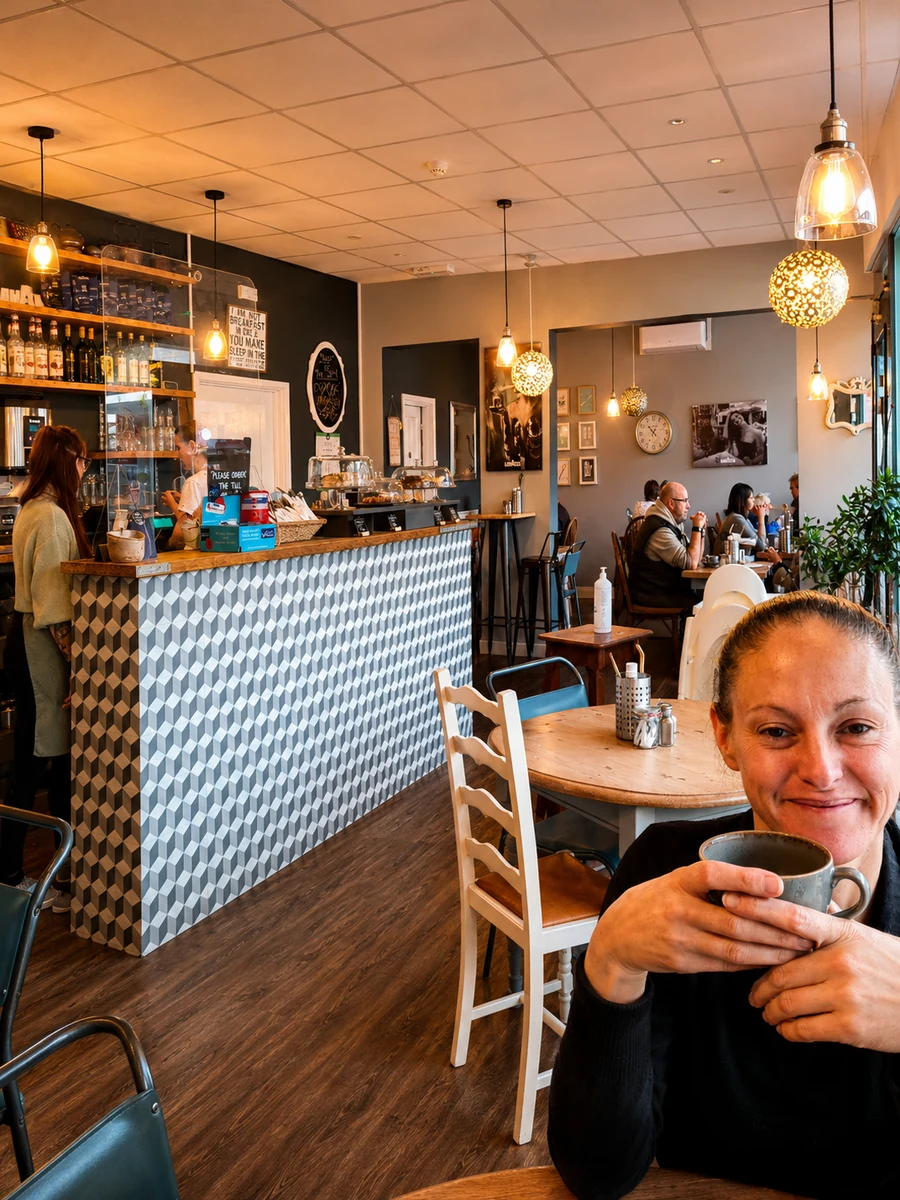 A guest holding a cup inside Number 7 Kitchen